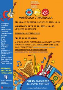 Matrículas curso 2019-2020 de la Escuela de Música Orreaga