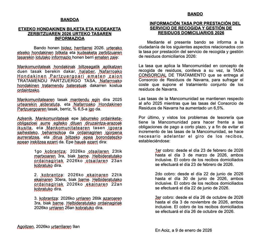 Bando tarifas servicio de recogida y gestión de residuos domiciliarios 2026